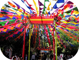 Colorful festival flags overhead
